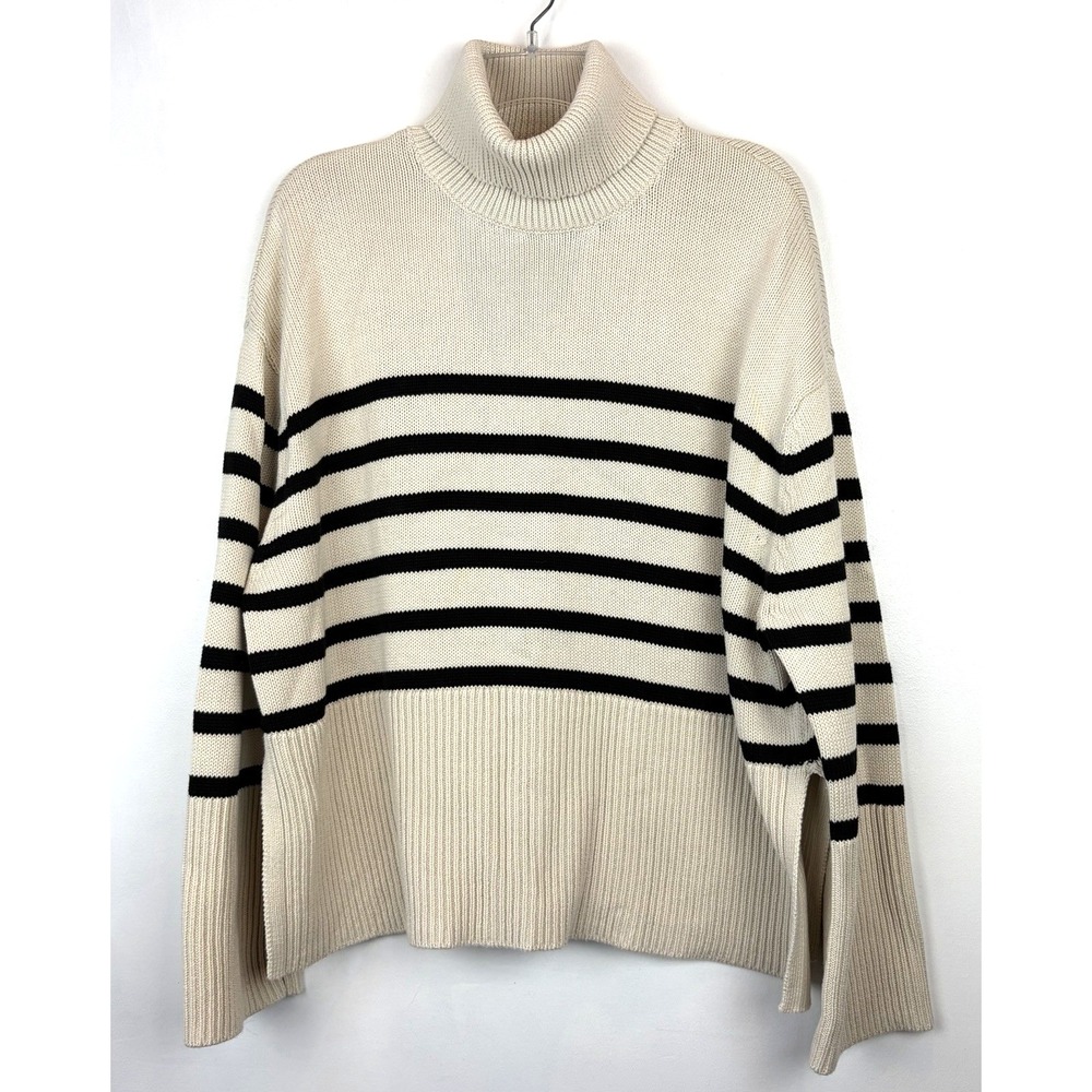 Gap Sweater Womens Small 24/7 Split Hem Turtleneck Beige Black Stripe Neutral